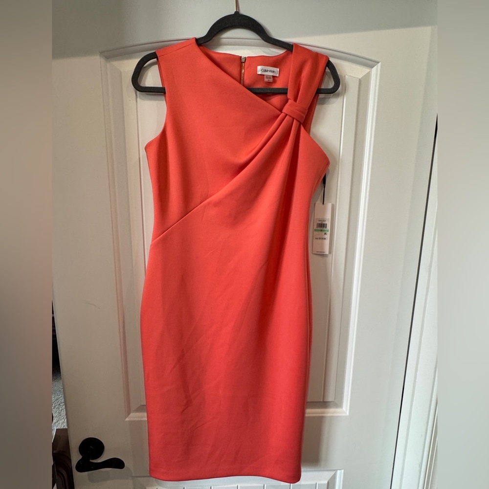 Calvin Klein Peach/Coral Asymmetrical Sheath Cocktail Dress